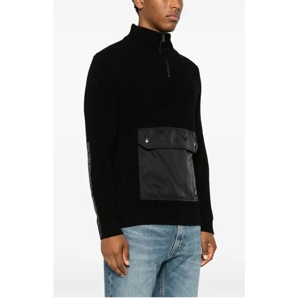 Hugo Boss Mens Syber Sweater Techwear Black Ribbed Pouch Pocket Cotton L - Picture 1 of 10